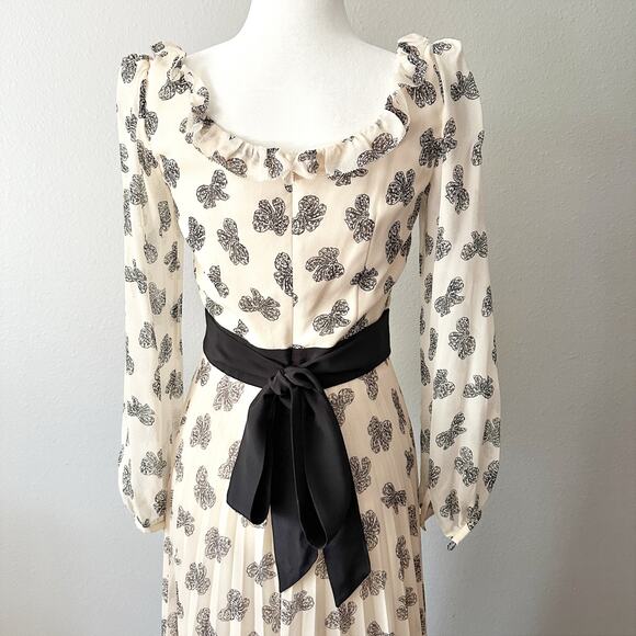 NWOT Saloni Denise Bow Print Silk Midi Dress Cream & Black Women's Size 2 - Picture 8 of 15